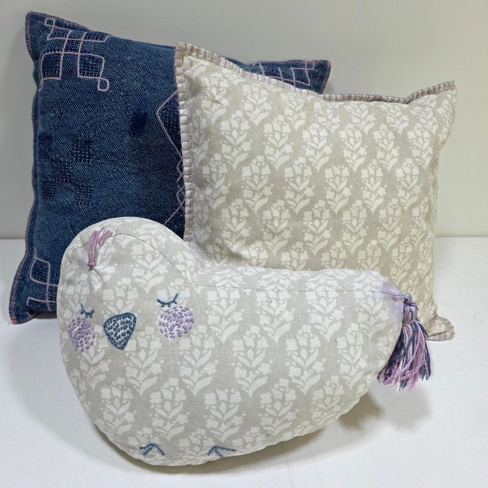 Pottery Barn Kids Decorative Pillow Set 3pc Blue Beige Purple Bird Floral Boho